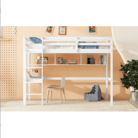 Twin Size Loft Bed With Desk And Shelves, Safety Guardrail And Ladder,White